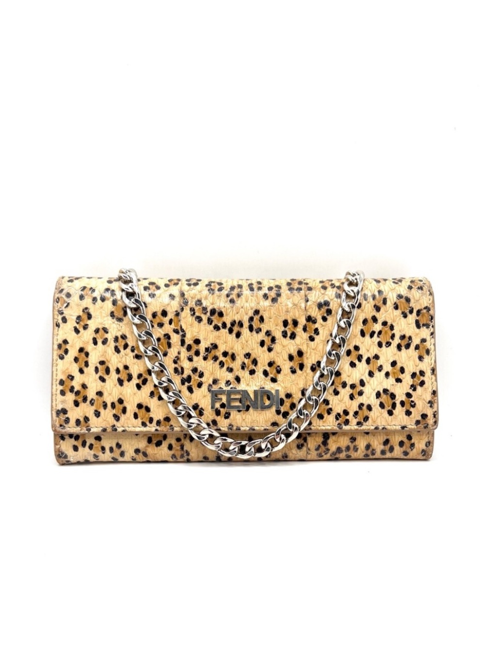 Authentic FENDI Animal Print Bifold Long Wallet W/ New Unbranded Silver Chain